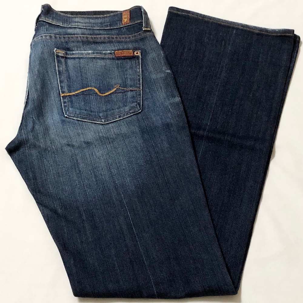 7FAM Women’s Distressed Dark Wash Premium Stretch Denim Lowrise Bootcut Jeans 30